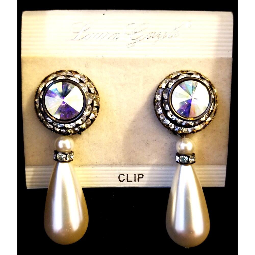 Vintage Laura Gayle Rhinestone & Faux Pearl Teardrop Silvertone Clip-on Earrings